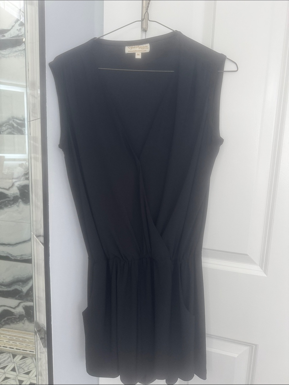 Black Sleeveless Faux-Wrap Mini Dress with Gathered Waist
